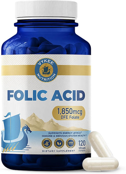 Vykee Nutrition Folic Acid Capsules - Supports Body Processes, Prenatal Health and Energy - Vitamin B9 Supplement for – Image 1