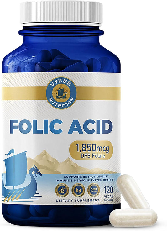 Vykee Nutrition Folic Acid Capsules - Supports Body Processes, Prenatal Health and Energy - Vitamin B9 Supplement for – Image 1