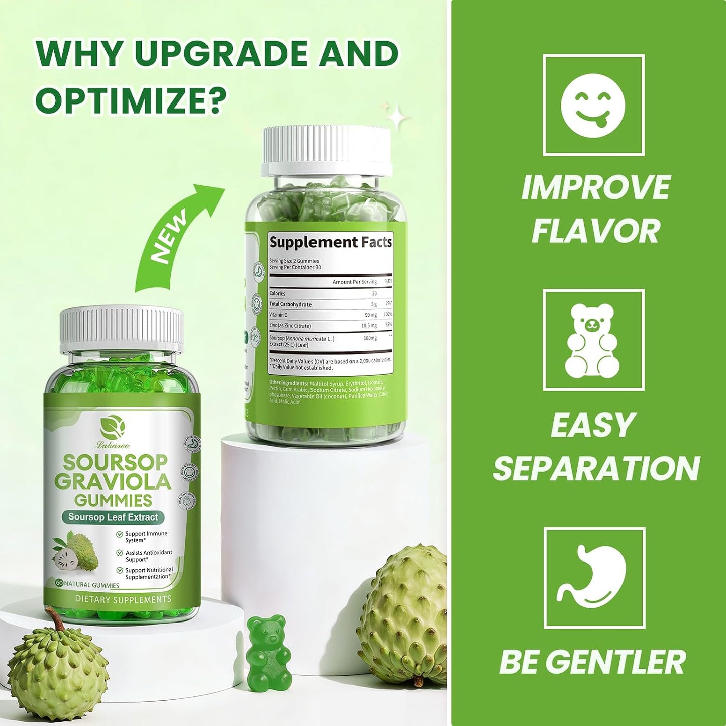 (2 Pack) Soursop Graviola Gummies - Concentrated Soursop Leaves Extract with Vitamin C and Zinc for Immune and Antioxidant Support, Sugar Free, Gluten free, Vegan, 60 Gummies - görsel 8