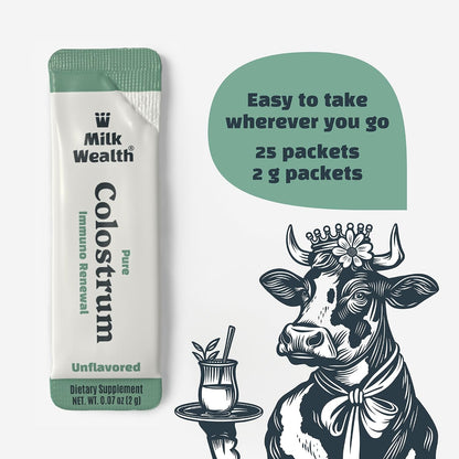 Milk Wealth™ Freeze-Dried Bovine Colostrum Powder – Immune & Gut Health Support, Grass-Fed, Unflavoured (25 Single-Serve Packets)