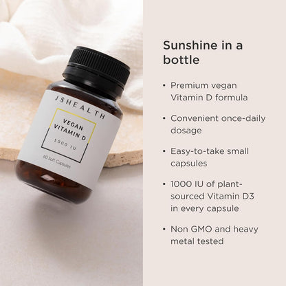 JSHealth Vitamin D3 1000IU Supplement - Vegan Vitamin D3 for Bone, Heart & Immune Support (60 Tablets)