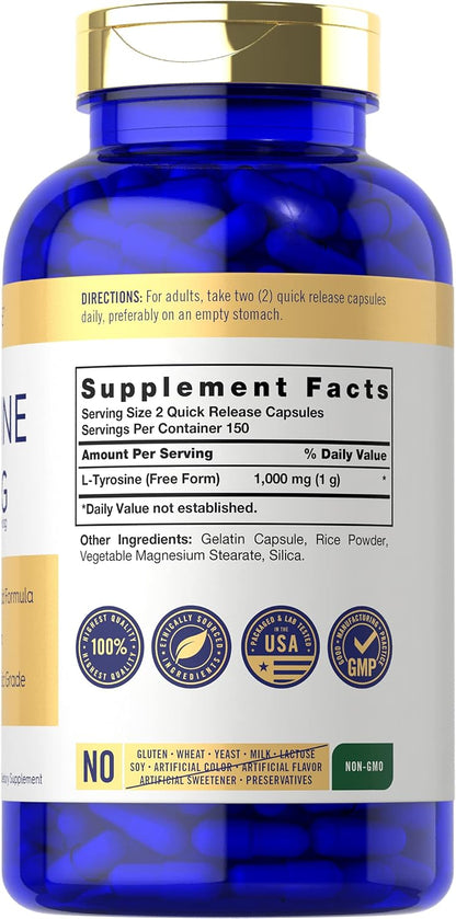 Carlyle L-Tyrosine Capsules 1000mg, 300 Count, Therapeutic Grade, Non-GM & Gluten free