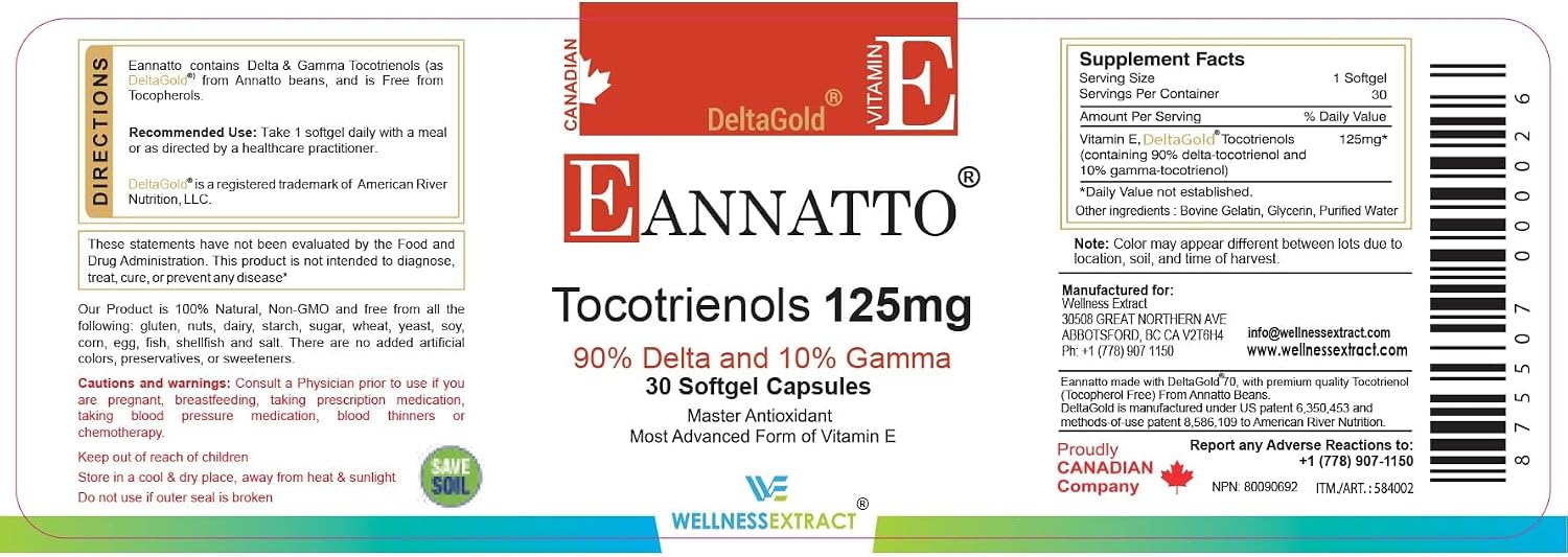 WELLBEING EXTRACT Eannatto Tocotrienols Vitamin E Supplement - Tocopherol Free, Non-GM, Gluten free, 125 mg, 30 Softgels - görsel 7