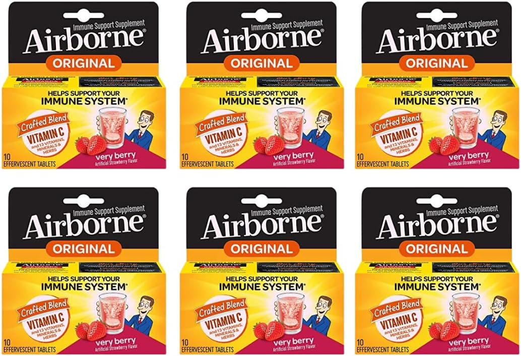 Airborne Very Berry Effervescent Tablets, 1000mg Vitamin C, Immune Support, Pack of 6 (60 Tablets) - görsel 1