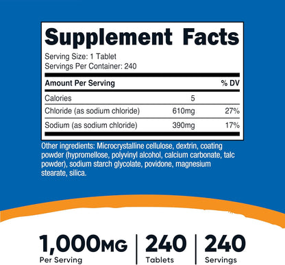 Nutricost Sodium Chloride 1000mg, 240 Tablets - Salt Tablets, Non-GM, Gluten free