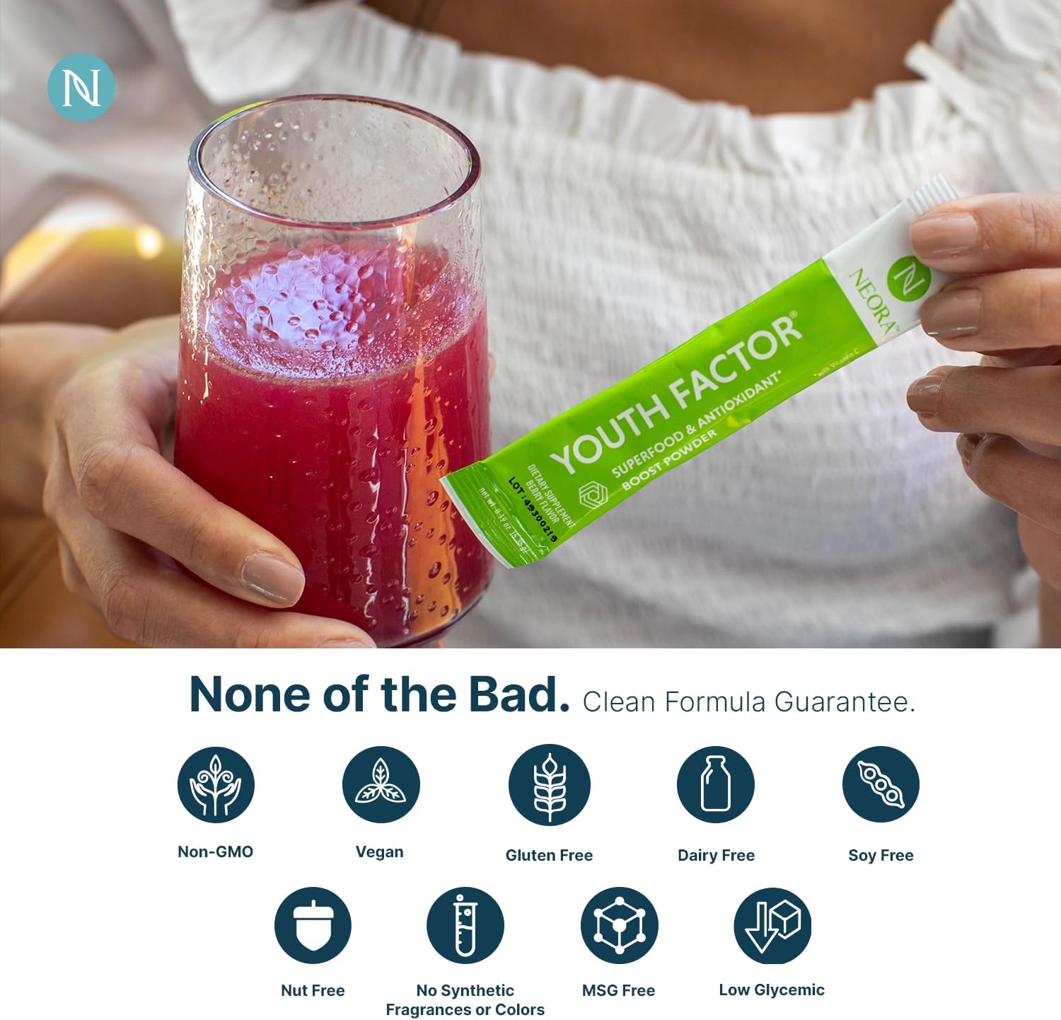 NEORA Youth Factor - Superfood Boost Powder - pH Balance, Hair Skin & Nails Support, Fruits & Veggies Equivalent, Nutrient Absorption - 30 Packets - görsel 5