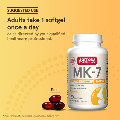 Jarrow Formulas MK-7 90mcg - Bioactive Vitamin K2 Supplement, 120 Softgels (12 Pack)
