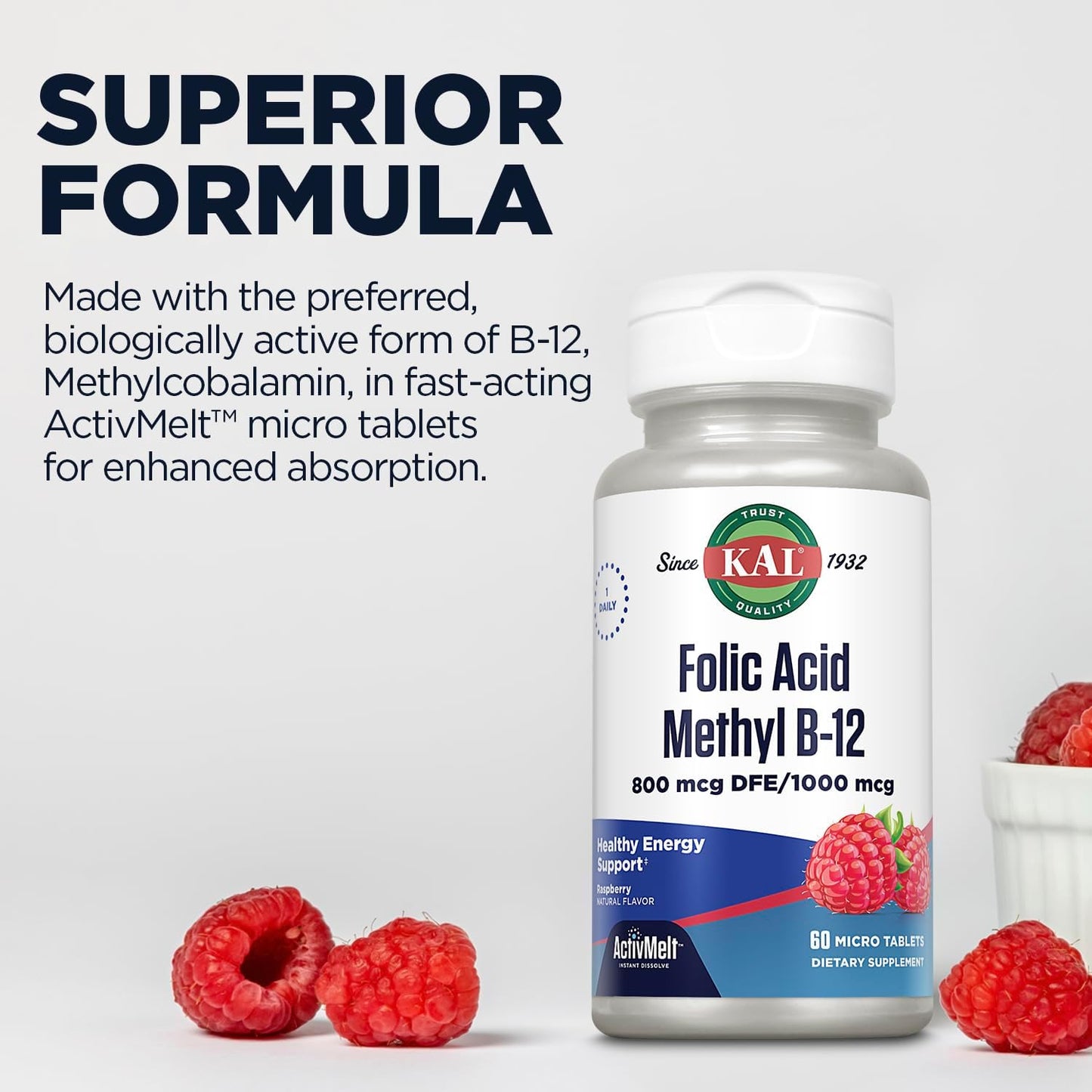 Kal 800 mcg Folic Acid with Methyl B-12 Tablets, Raspberry Flavour, 60 Count - görsel 5