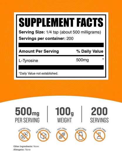 BulkSupplements.com L-Tyrosine Powder - 500mg per Serve, 100g (3.5 oz)