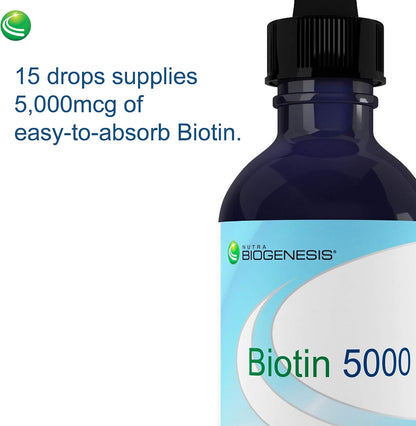 Nutra BioGenesis Biotin 5000 Liquid Drops – 5000 mcg for Hair, Skin & Nails, 2 fl oz (59 mL)