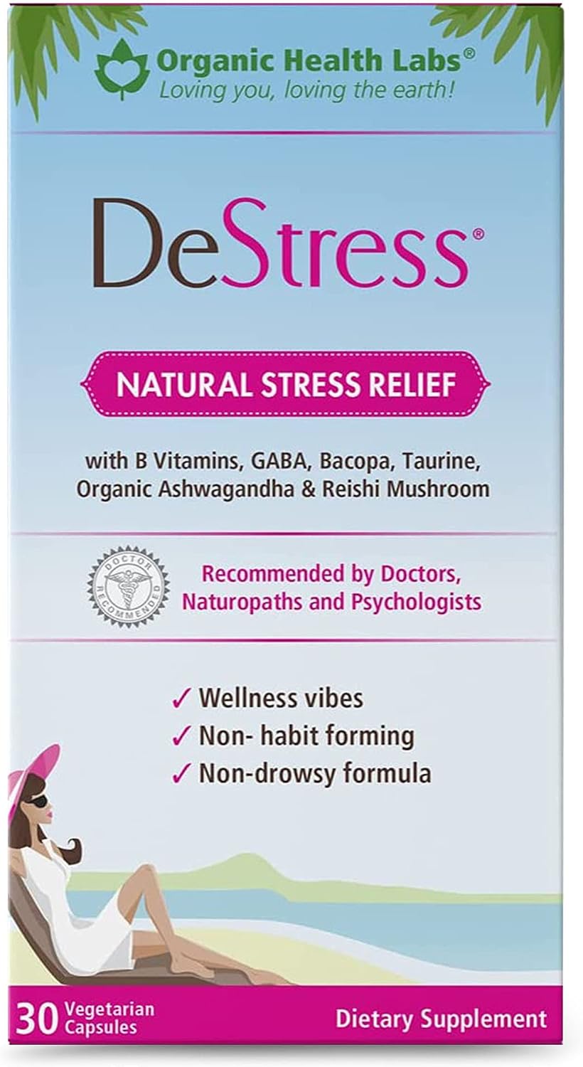DeStress All-Natural: Veggie Capsules with B Vitamins, Magnesium, Ashwagandha and L-Theanine, Stress Relief Supplement, 30 Capsules - görsel 1