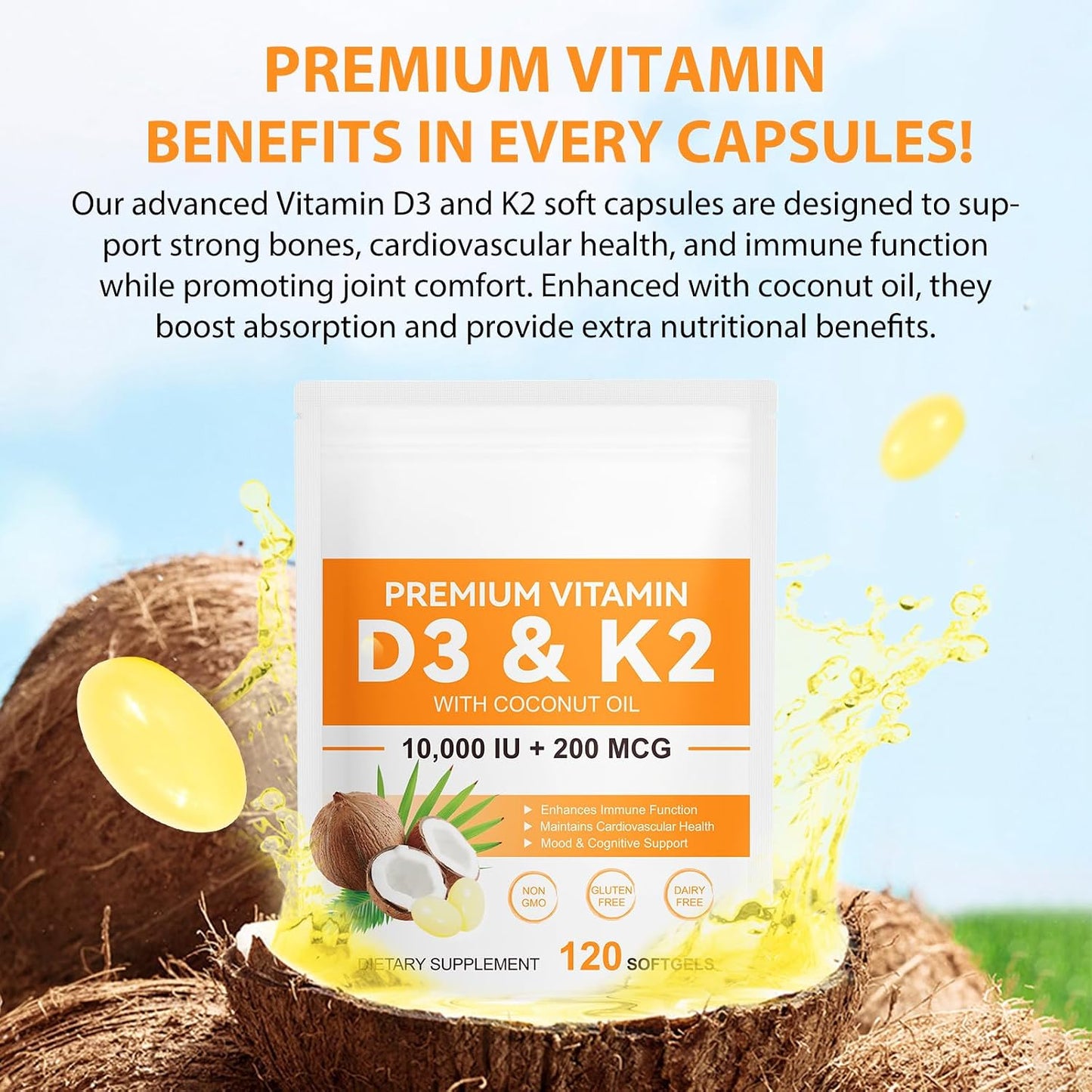 Vitamin D3 K2 Supplement Soft-gels, 10000 IU Vit D3 + 200 mcg K2 (MK-7) | 2-in-1 Formula with Coconut Oil, Supports Calcium Absorption, Easy to Swallow 120 Capsules - görsel 6