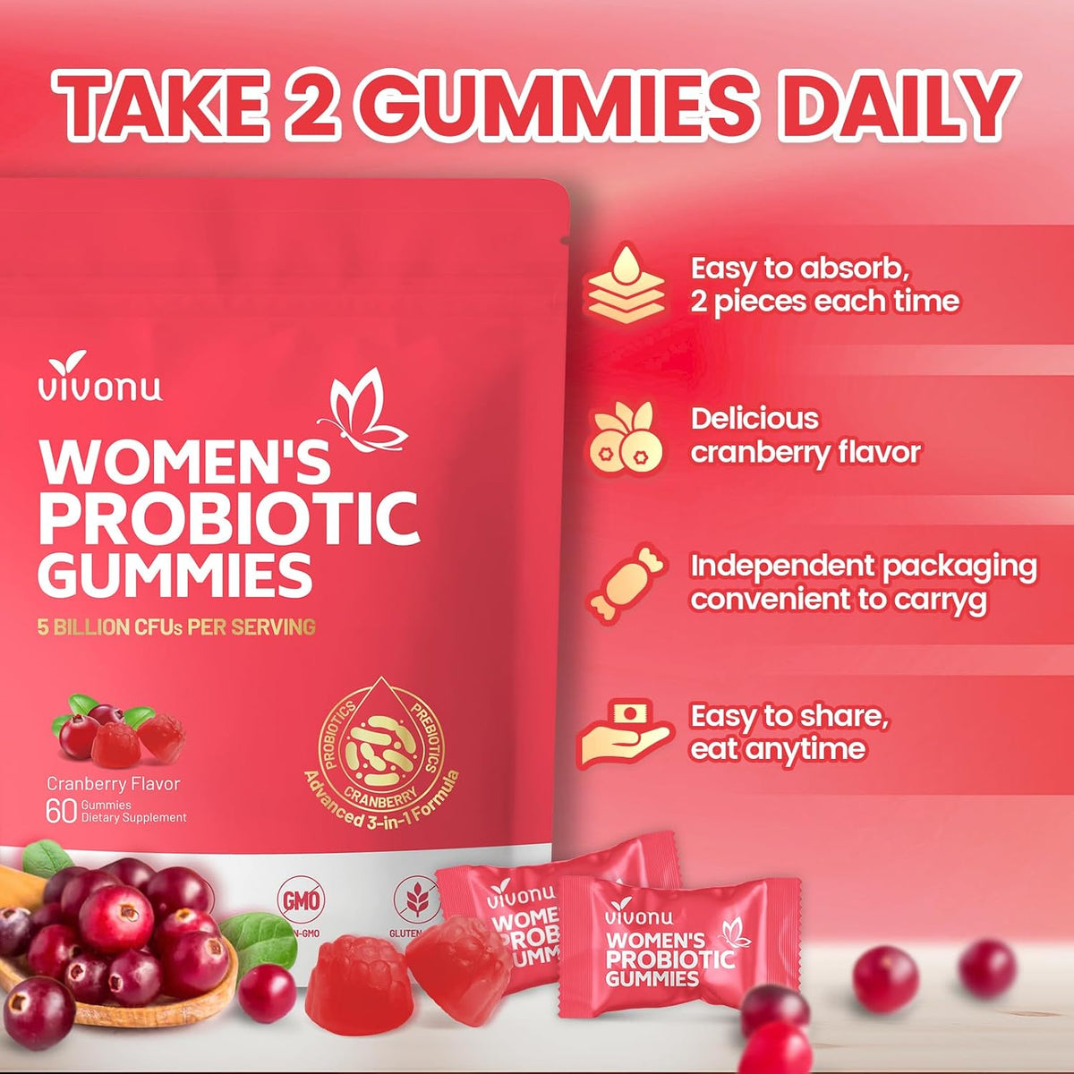 VivoNu Women's's Probiotic Gummies - Feminine Balance Support with Cranberry, 60 Count – Image 6