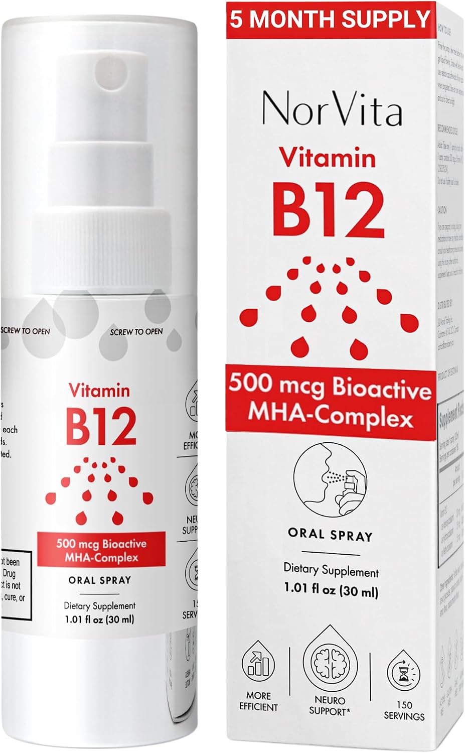 NorVita Vitamin B12 Spray 500 mcg (150 – Triple-Action B12: MHA Complex with methylcobalamin, hydroxycobalamin, – Image 1