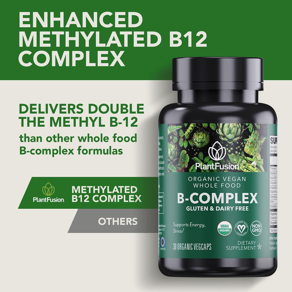 PlantFusion Organic Vitamin B-Complex, Vegan Wholefood Supplement for Energy & Metabolism, Methylated B12, Guava, Lemon & – Image 3
