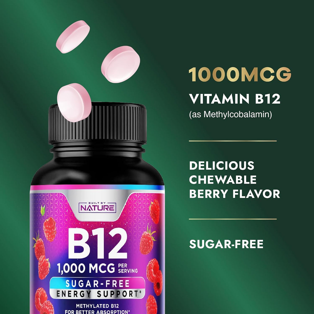 Built by Nature Vitamin B12 1000 mcg – Delicious Berry Flavour: Natural berry taste makes daily supplementation – Image 3