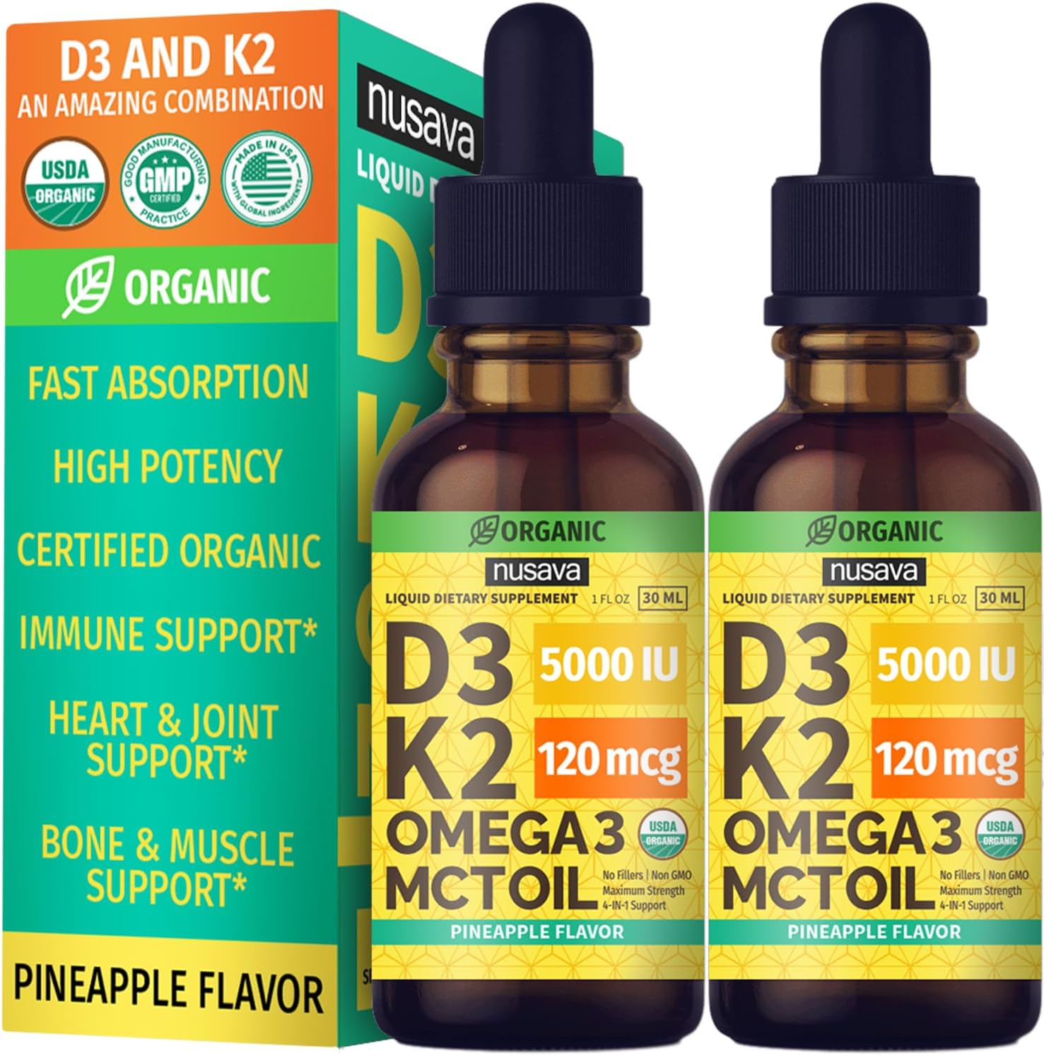 (2 Pack) Organic Vitamin D3 K2 Drops with MCT Oil & Omega 3 - Liquid Vitamin D3 5000 IU - K2 D3 Vitamin Supplement - Vitamin D Drops for Women & Men - No Fillers, Non-GM, GMP, Pineapple (60 mL) - görsel 1