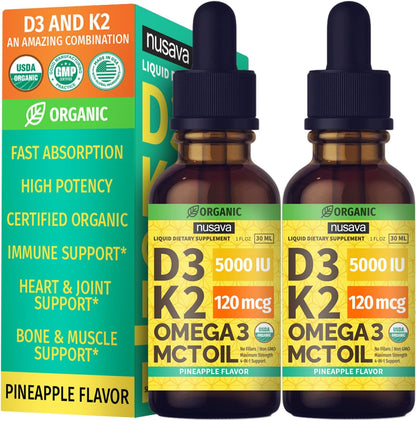 (2 Pack) Organic Vitamin D3 K2 Drops with MCT Oil & Omega 3 - Liquid Vitamin D3 5000 IU - K2 D3 Vitamin Supplement - Vitamin D Drops for Women & Men - No Fillers, Non-GM, GMP, Pineapple (60 mL)