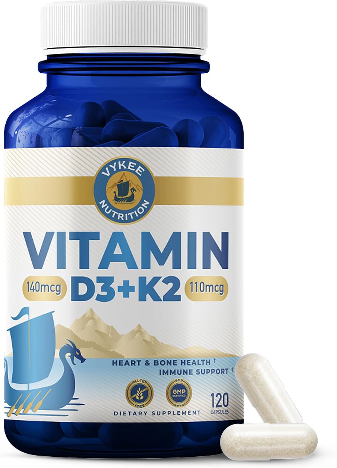 Vykee Nutrition Vitamin D3 K2 Complex – D3 140 mcg & K2 (MK-7) 110 mcg – 120 Vegan Capsules - görsel 1