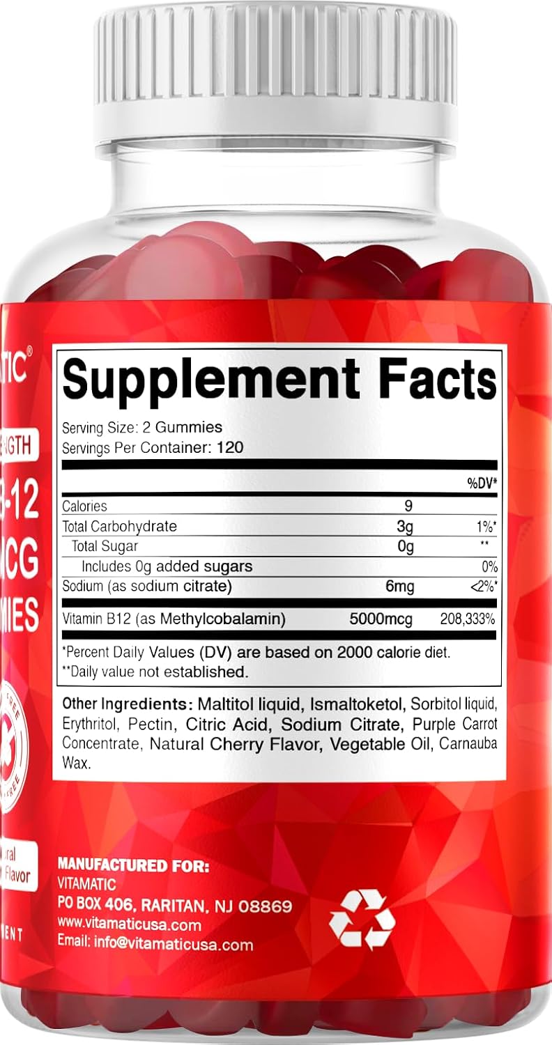 Vitamatic Extra Strength Vitamin B12 5000 – 5000 mcg of methylcobalamin per gummy – Image 8