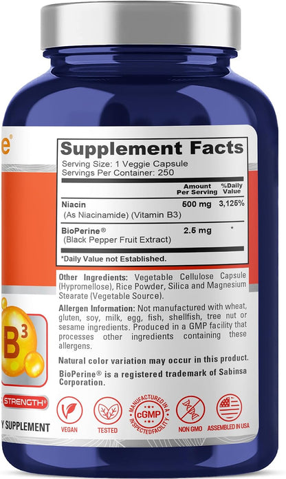 NusaPure Flush Free Niacin 500 mg – 250 Capsules