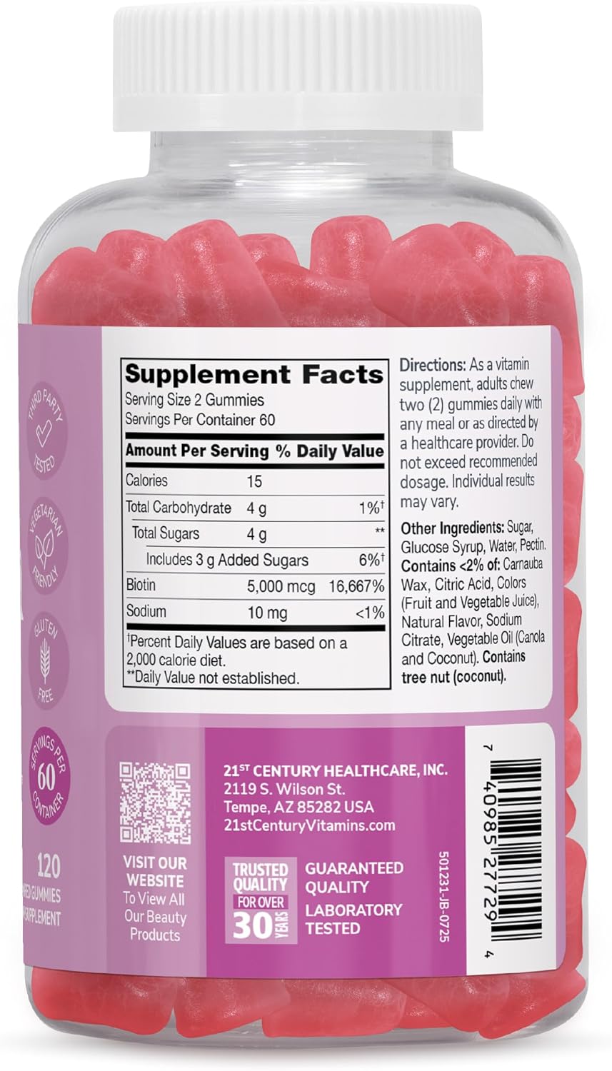 21st Century Biotin Gummies 5000 mcg for Hair Growth, Skin and Nail Health – Vegetarian Strawberry Supplement for Women, 120 Gummies, Gluten free - görsel 2