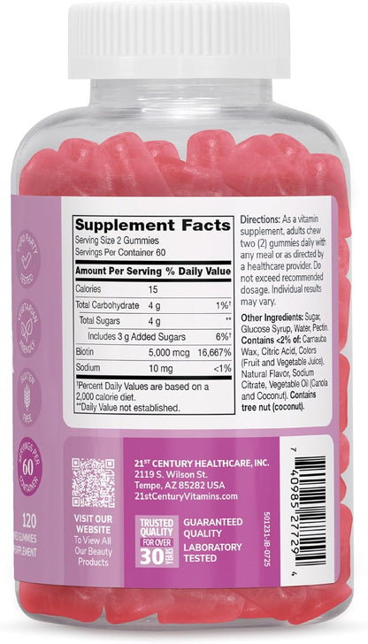 21st Century Biotin Gummies 5000 mcg for Hair Growth, Skin and Nail Health – Vegetarian Strawberry Supplement for Women, 120 Gummies, Gluten free