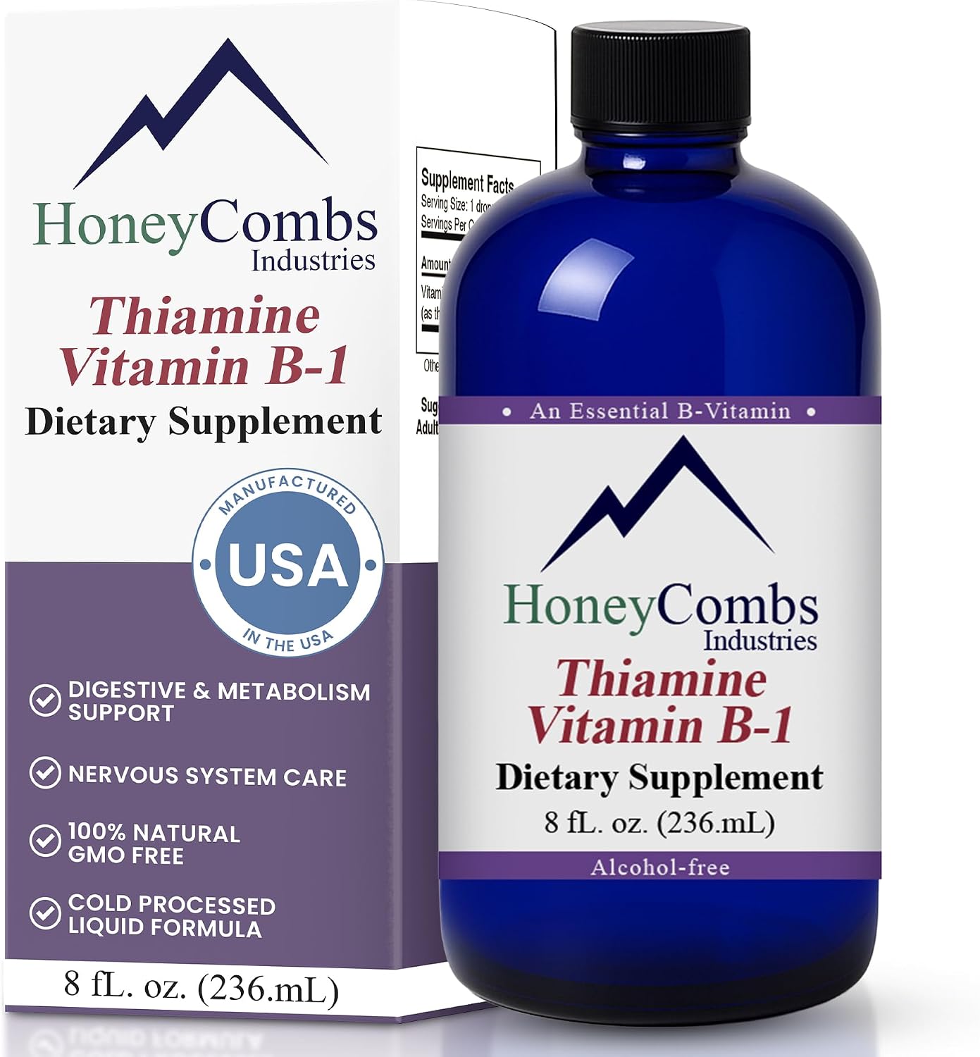 HoneyCombs Vitamin B1 (Thiamine) Liquid Drops - High Potency - Nervous System, Energy & Overall Health - Vegan Liquid B Vitamins (240 mL) - görsel 1