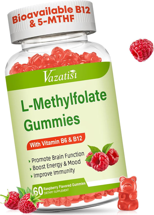 Vazatisi L-Methylfolate 15 mg Gummies with Methyl B12, Folate Supplement for Mood and Brain Health, Raspberry Flavour, 60 – Image 1