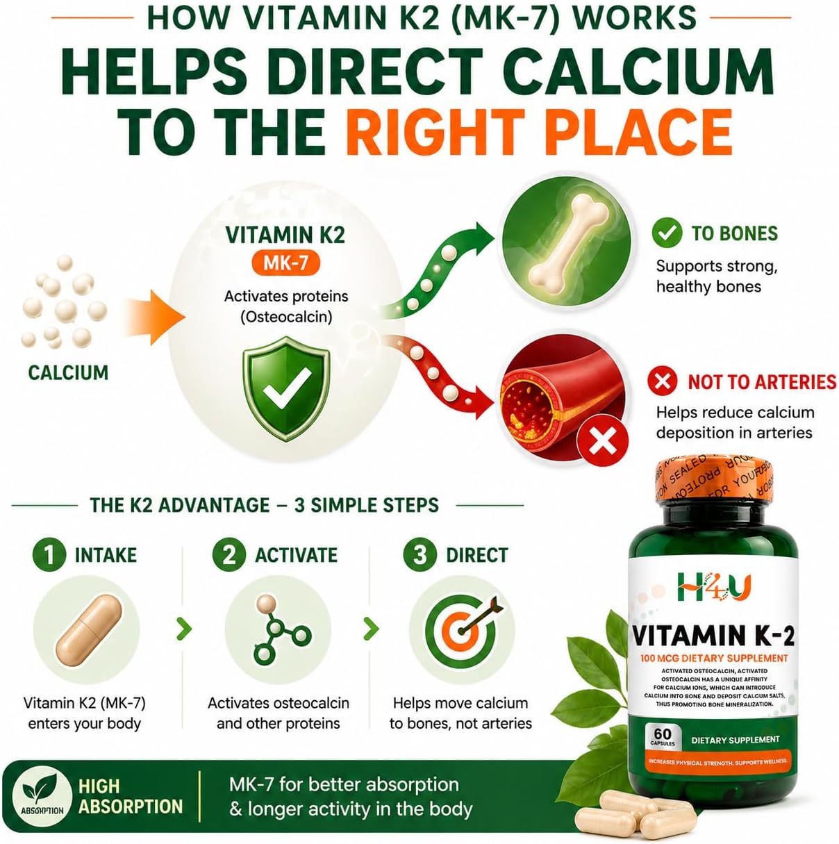 H4U Vitamin K2 MK-7 100 mcg – 60 Veg Capsules – Bone & Heart Health Support - görsel 3