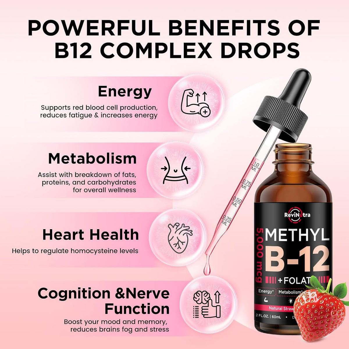 ReviNutra Vitamin B12 Liquid Drops - 5000 – Brain Function: It keeps your nerves healthy, which supports clear – Image 2
