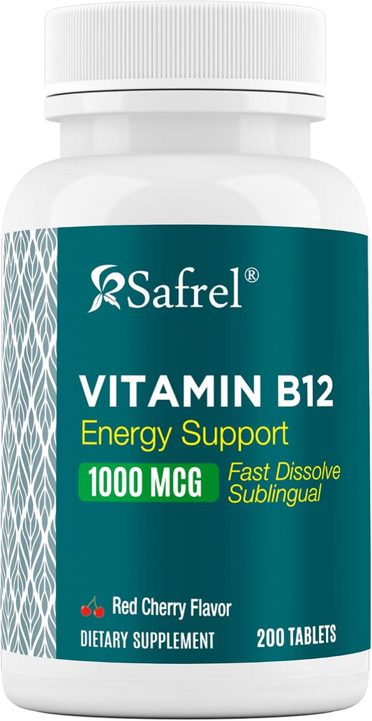Safrel Vitamin B12 1000 mcg, 200 Fast Dissolve Tablets, Easy to Take Sublingual B12 Cherry Flavour, 200 Day Supply – Image 1