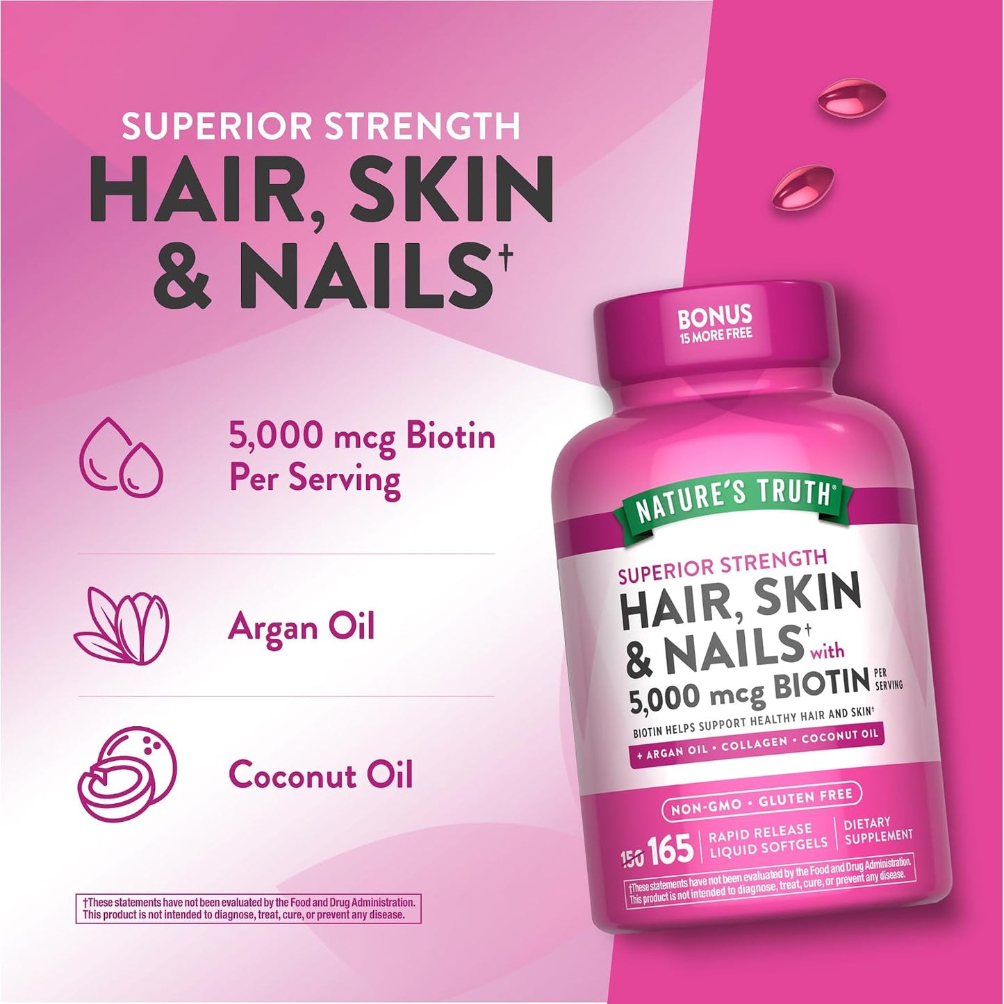 Nature's Truth Hair, Skin & Nails Vitamin | 5000mcg Biotin | 165 Softgels | with Collagen | Non-GM & Gluten free Supplement - görsel 5