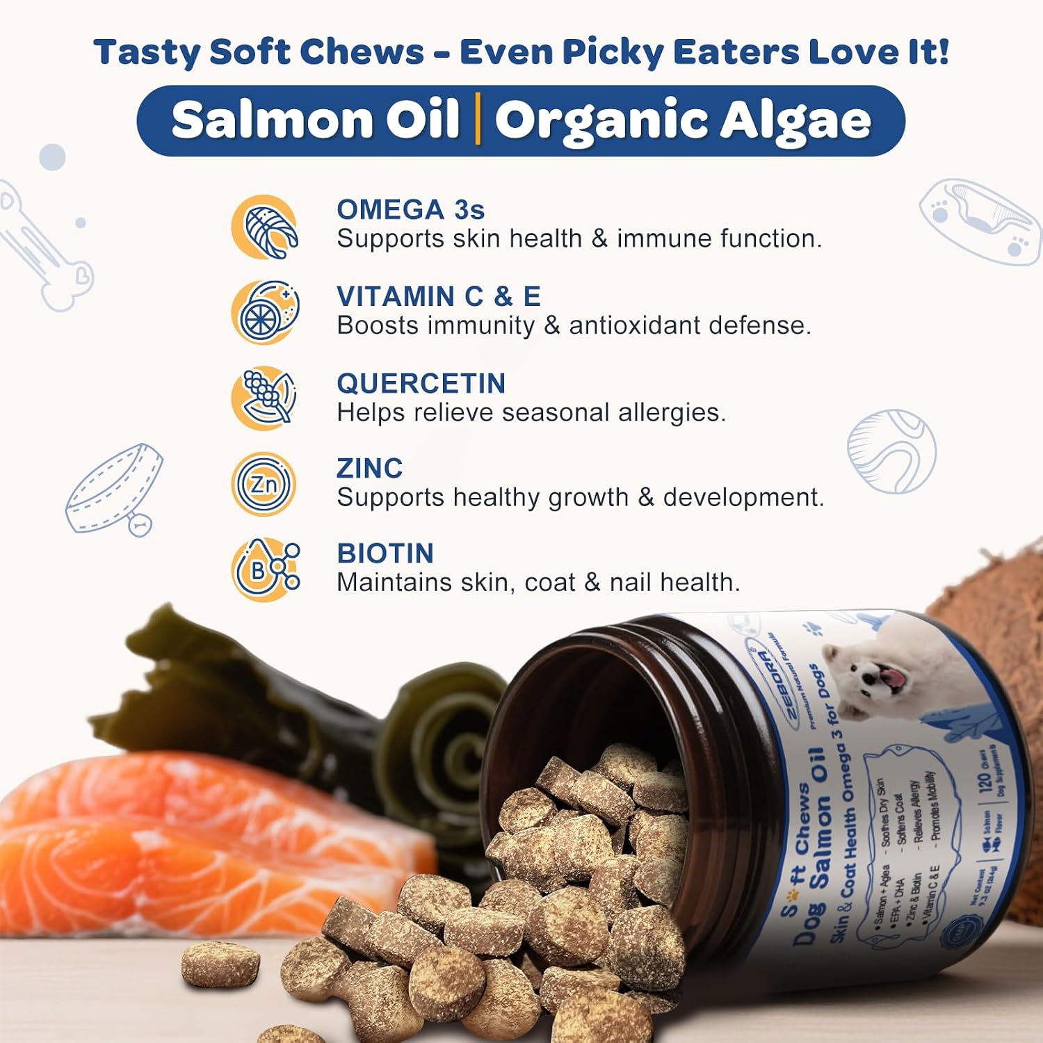 ZEBORA Salmon Oil Soft Chews for Dogs Skin & Coat - Omega 3-6-9 with Vitamins C & E - 120 Chews - görsel 2
