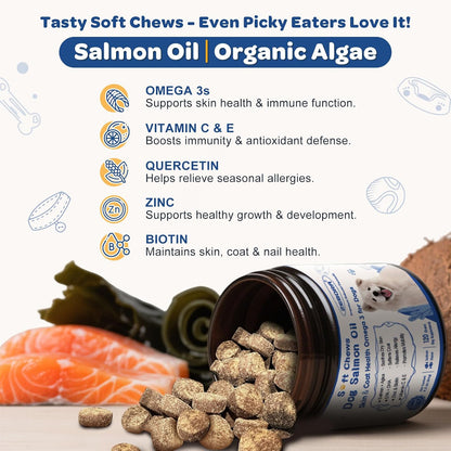 ZEBORA Salmon Oil Soft Chews for Dogs Skin & Coat - Omega 3-6-9 with Vitamins C & E - 120 Chews
