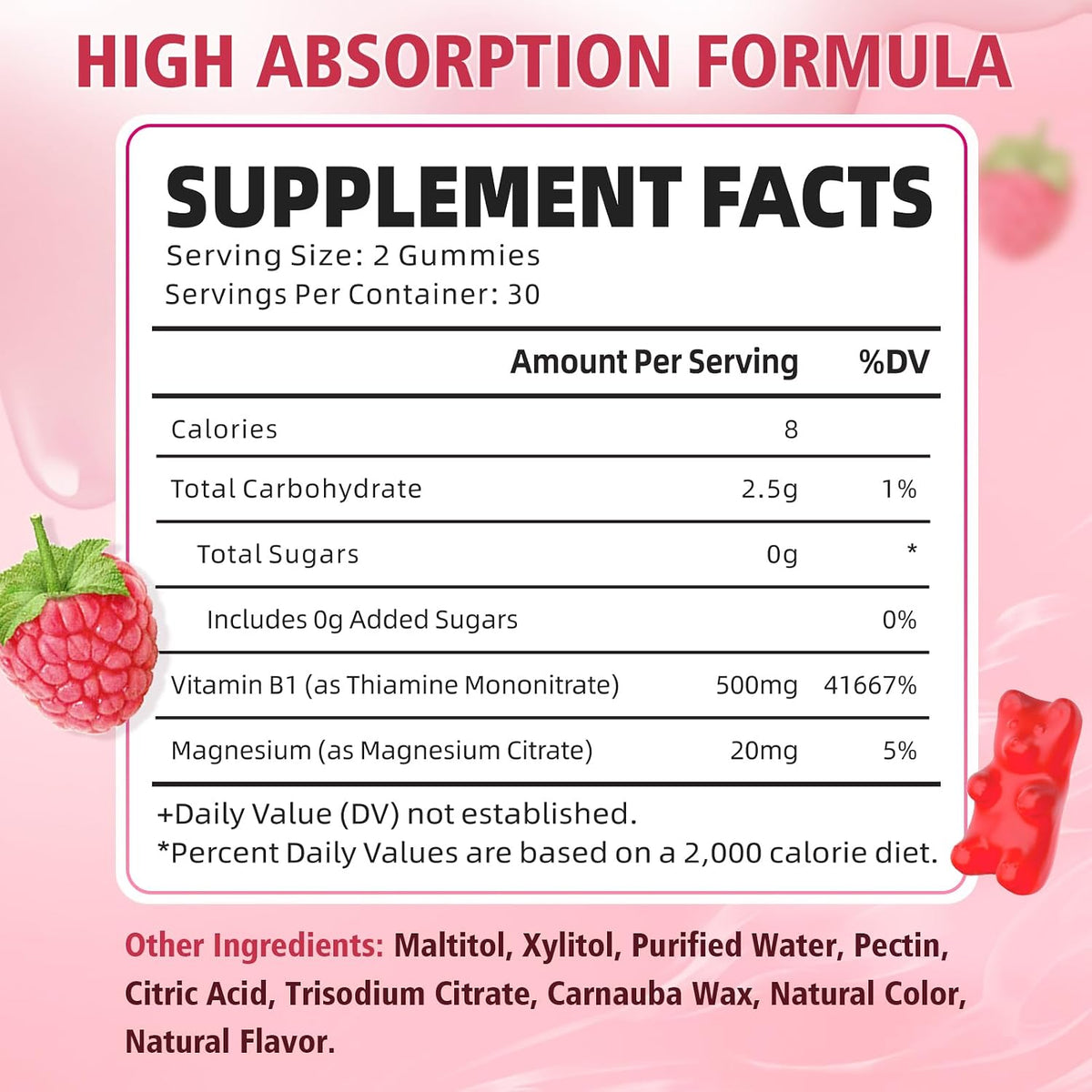 Pack of 2 Vitamin B1 Gummies 500mg for Adults & Kids, Thiamine B1 Supplement with Magnesium, Vitamin B1 Supplement for – Image 2