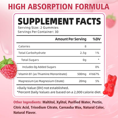 Pack of 2 Vitamin B1 Gummies 500mg for Adults & Kids, Thiamine B1 Supplement with Magnesium, Vitamin B1 Supplement for – Image 2