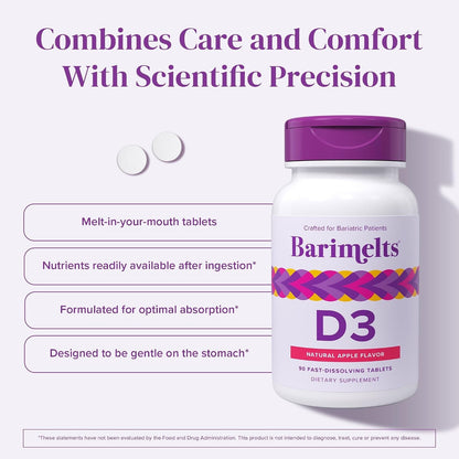 BariMelts Vitamin D3 5000 IU, 90 Fast-Dissolving Tablets (3-Month Supply), Bariatric Vitamins for Women, Natural Apple Flavour