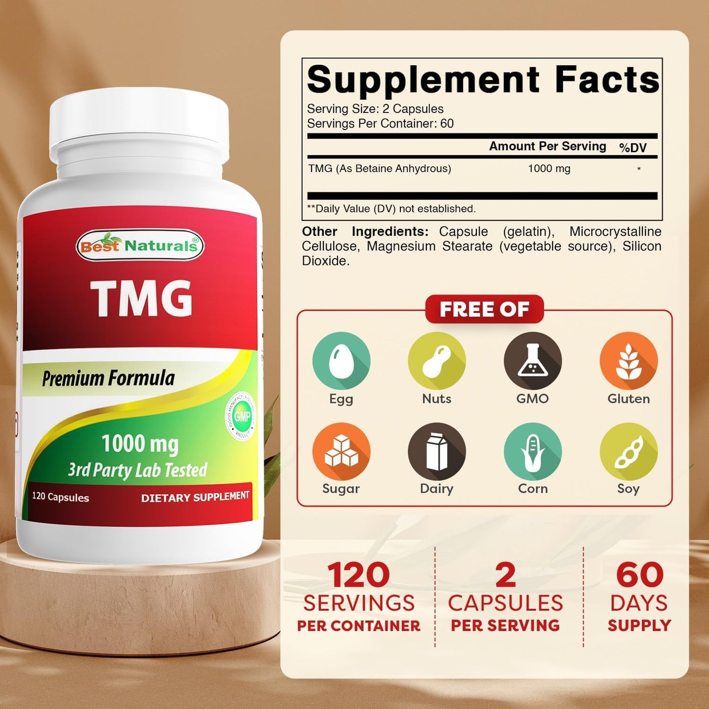 Best Naturals TMG (Trimethylglycine) Betaine Anhydrous 1000 mg - 120 Capsules (3-Pack) - görsel 2