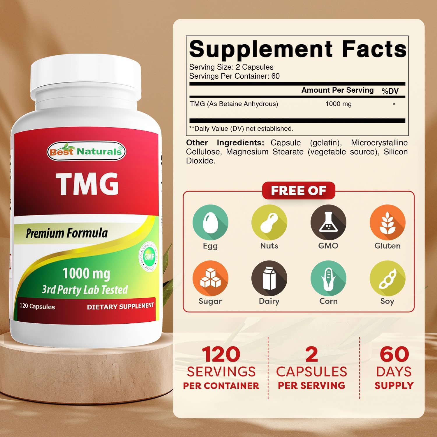 Best Naturals TMG (Trimethylglycine) Betaine Anhydrous 1000 mg - 120 Capsules (3-Pack) - görsel 2