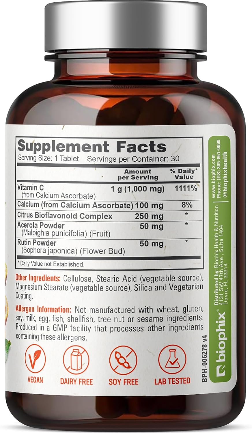 biophix Vitamin C-1000 mg 30 Tablets Complex – Vegan with Calcium, Citrus Bioflavonoids, Acerola, Rutin – Supports Immune Health - görsel 8