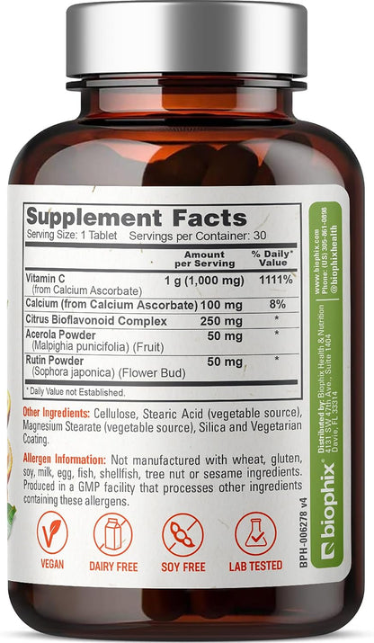 biophix Vitamin C-1000 mg 30 Tablets Complex – Vegan with Calcium, Citrus Bioflavonoids, Acerola, Rutin – Supports Immune Health