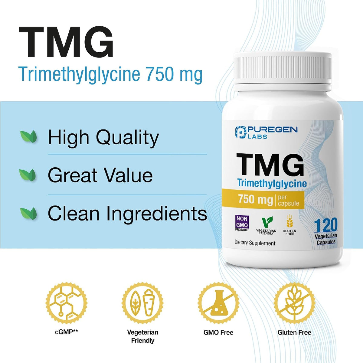 Puregen Labs TMG 750 mg – High Potency Trimethylglycine Supplement – Supports Normal Homocysteine Metabolism – Non-GM, – Image 5