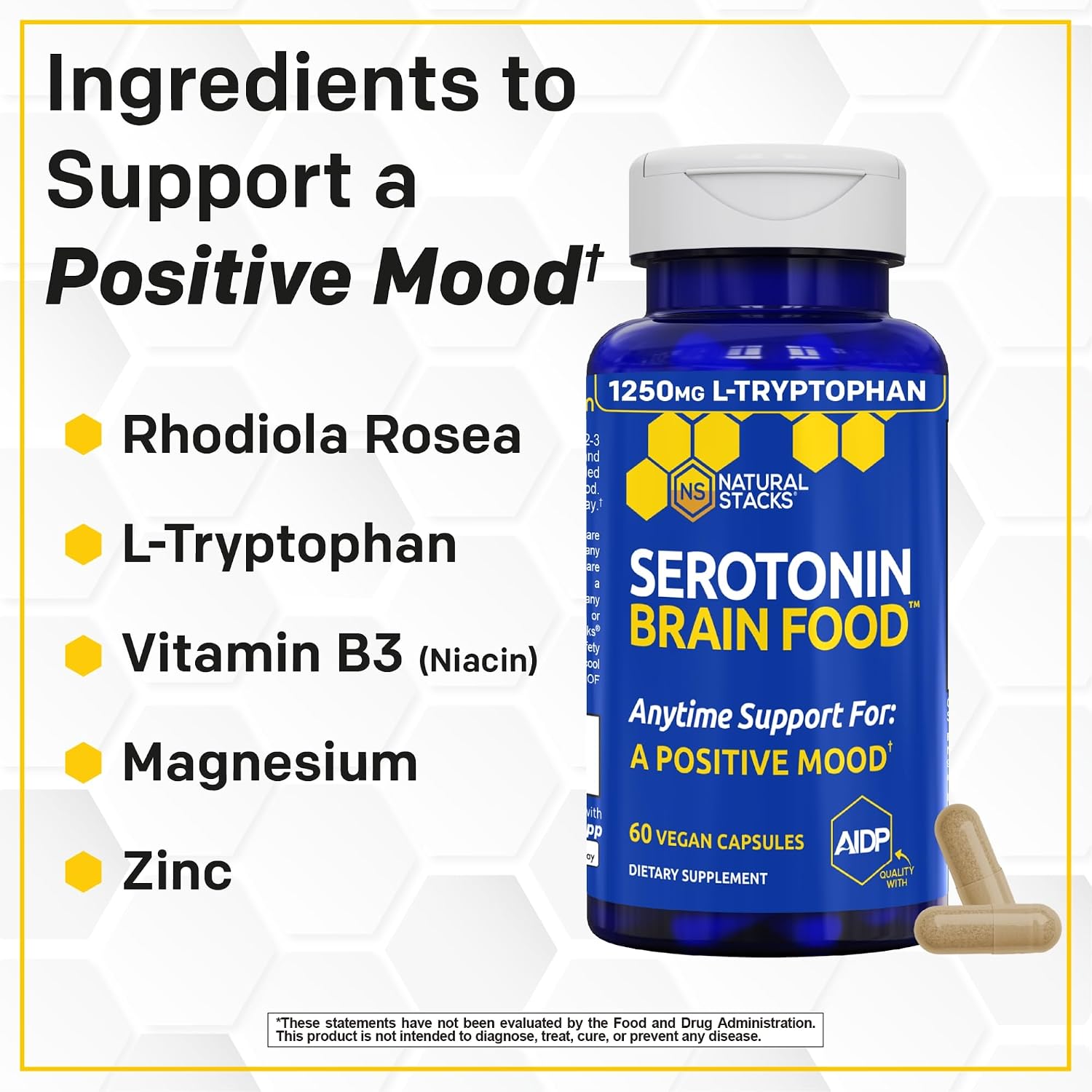 Serotonin Brain Food - 1250mg L-Tryptophan & 400mg Rhodiola Rosea Supplement - Mood Support with Magnesium Glycinate & Zinc - 60 Capsules - görsel 4