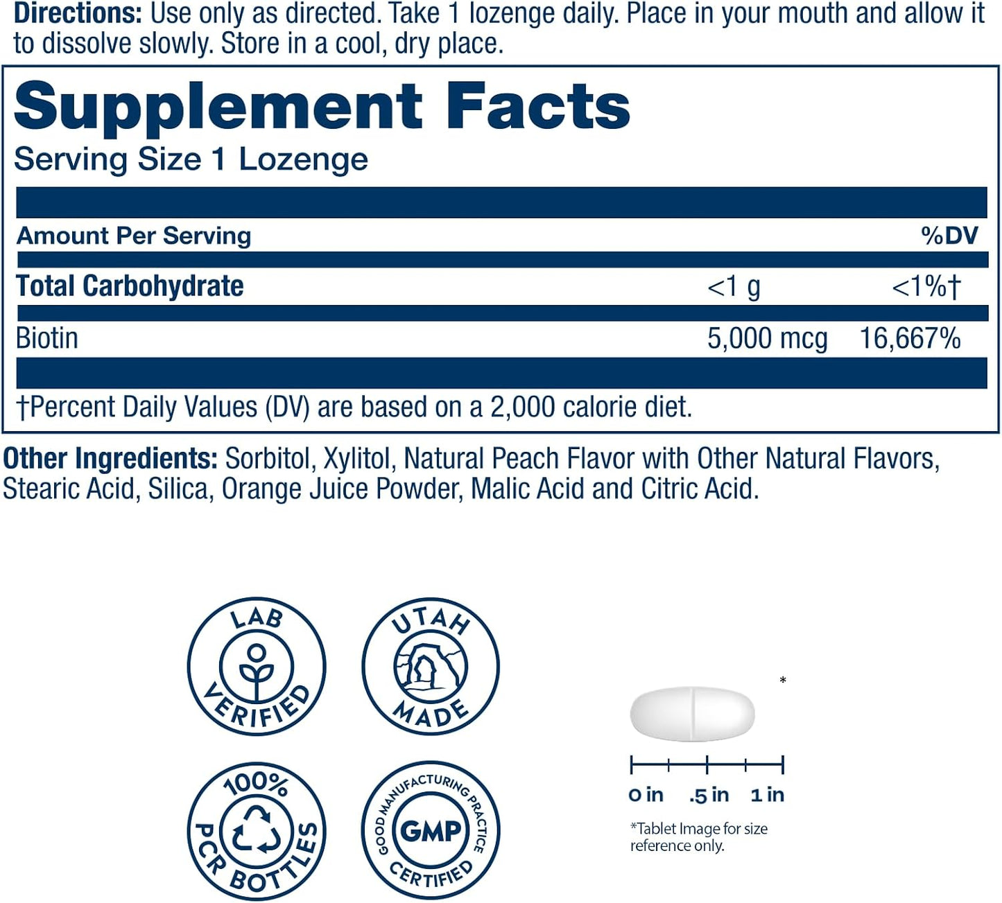 SOLARAY Biotin Supplement 5000 mcg - Pure Biotin for Hair, Skin and Nails - 60 Lozenges - görsel 2
