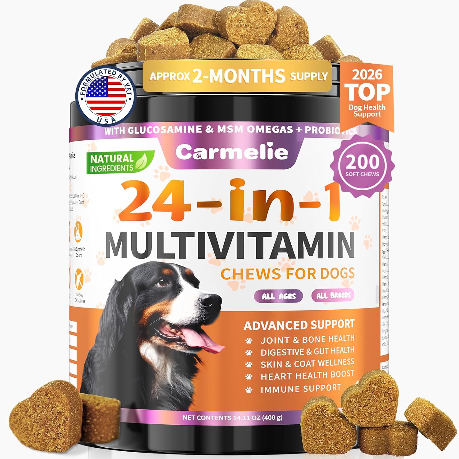 Dog Vitamins – 24-in-1 Complete Supplement, 200 Chews with Glucosamine, Probiotics, Omega-3. Supports Hips & Joints, Skin & Coat, Immune & Digestive Health. Chicken Flavour. - görsel 1