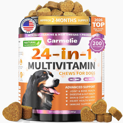Dog Vitamins – 24-in-1 Complete Supplement, 200 Chews with Glucosamine, Probiotics, Omega-3. Supports Hips & Joints, Skin & Coat, Immune & Digestive Health. Chicken Flavour.