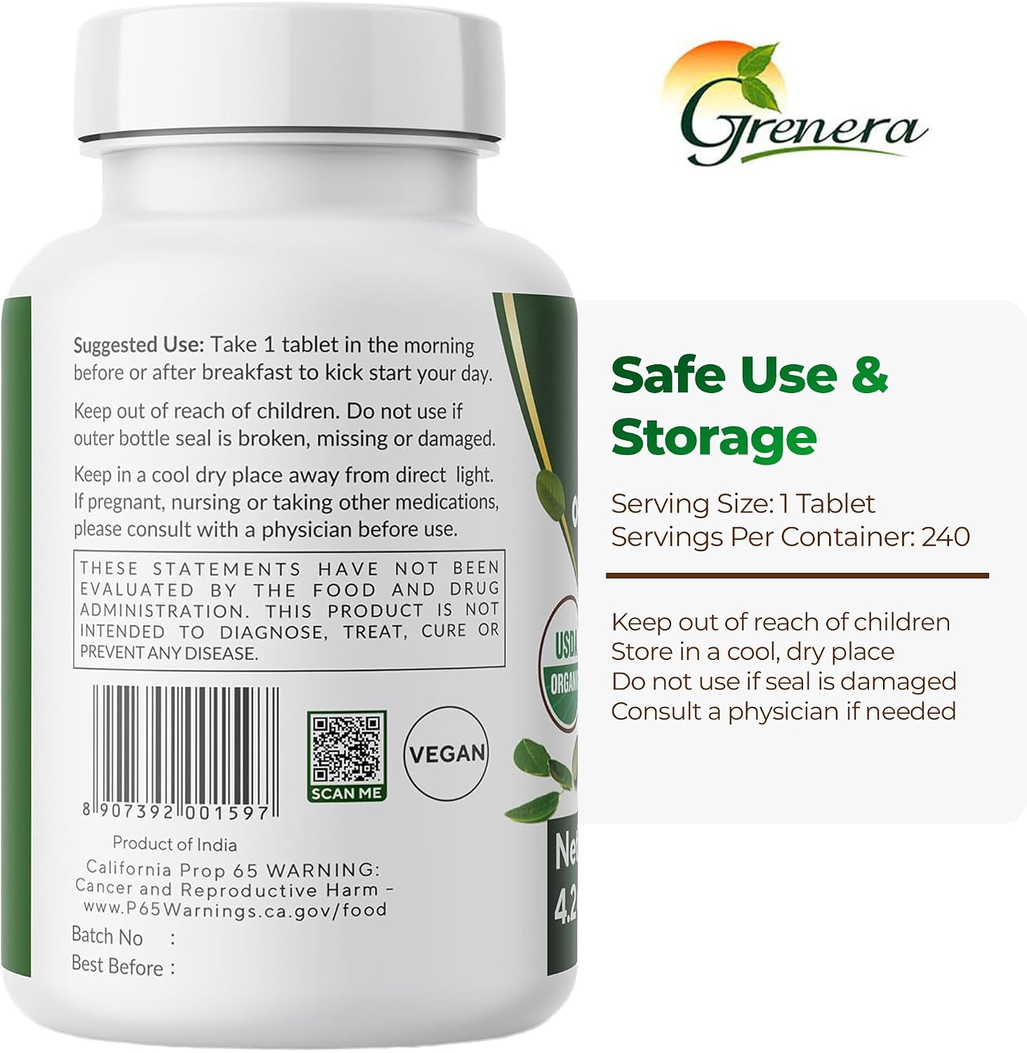 Grenera Organic Moringa Tablets - USDA Organic, 500mg, 240 Tablets - görsel 9