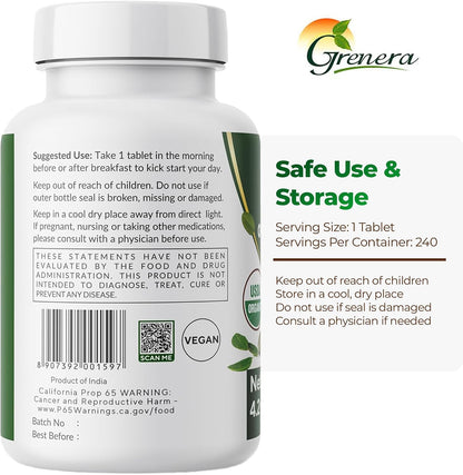 Grenera Organic Moringa Tablets - USDA Organic, 500mg, 240 Tablets