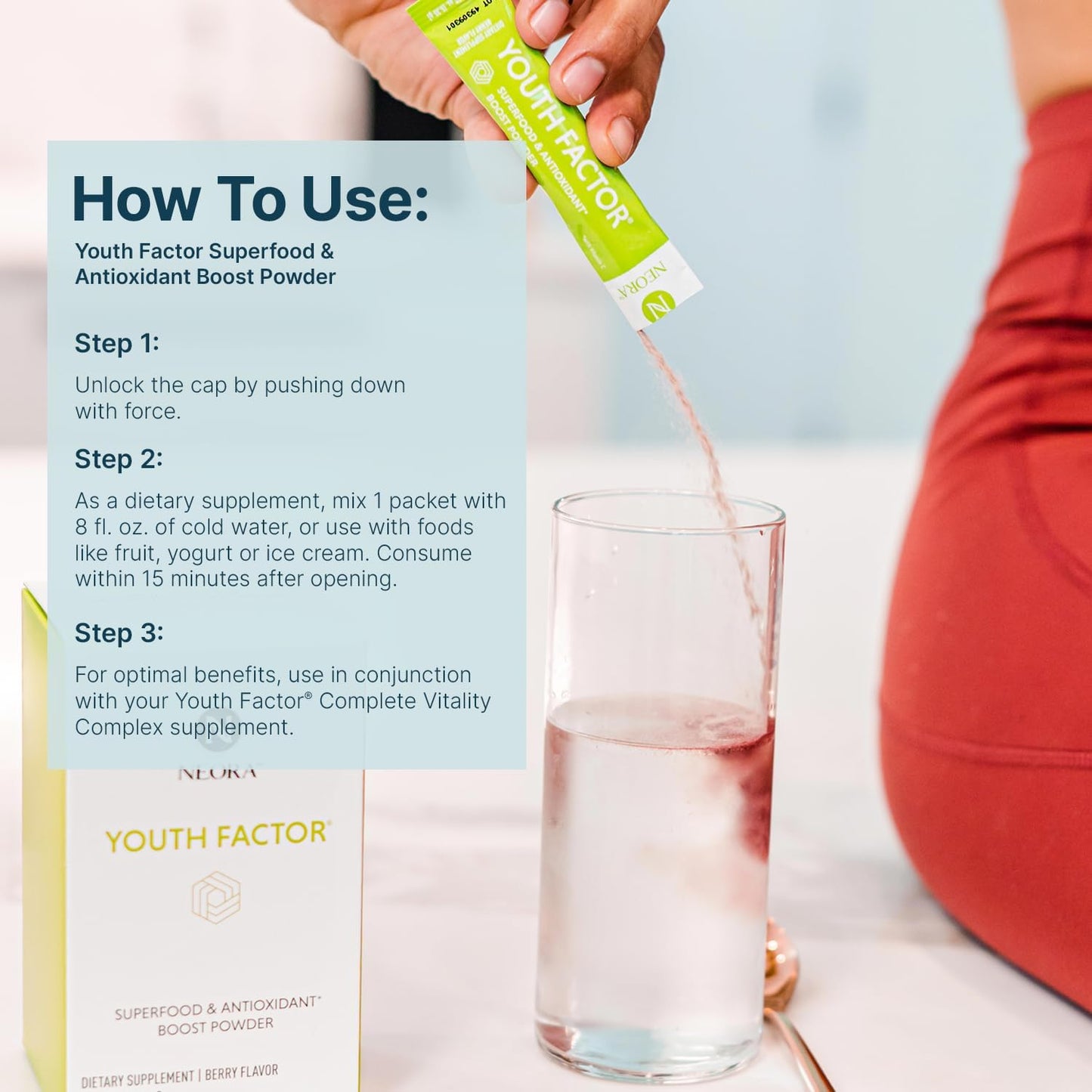 NEORA Youth Factor - Superfood Boost Powder - pH Balance, Hair Skin & Nails Support, Fruits & Veggies Equivalent, Nutrient Absorption - 30 Packets - görsel 6